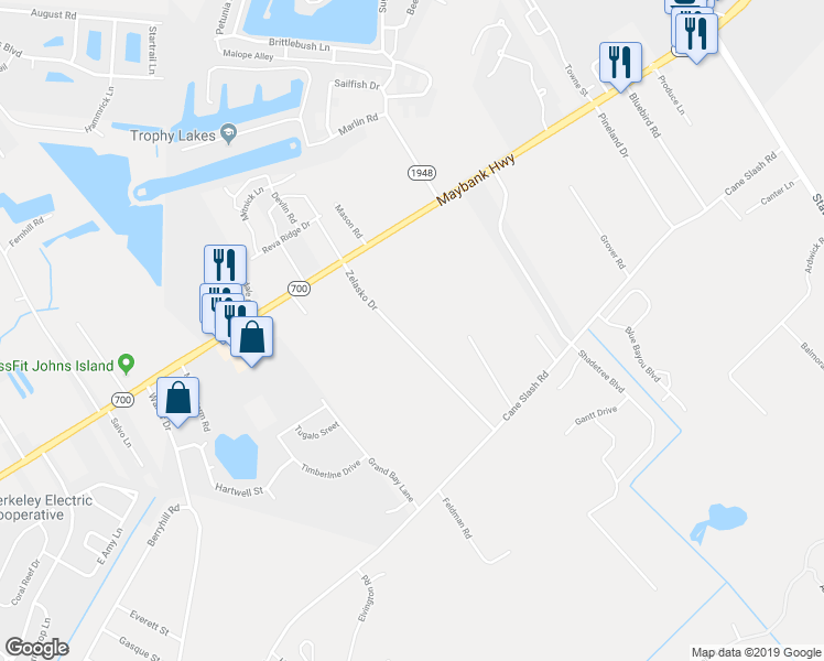 map of restaurants, bars, coffee shops, grocery stores, and more near 1845 Zelasko Drive in Johns Island