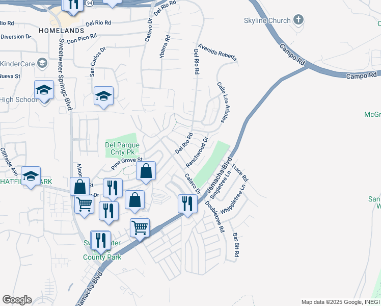 map of restaurants, bars, coffee shops, grocery stores, and more near 3040 Charwood Court in Spring Valley
