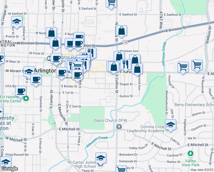 map of restaurants, bars, coffee shops, grocery stores, and more near 710 East South Street in Arlington