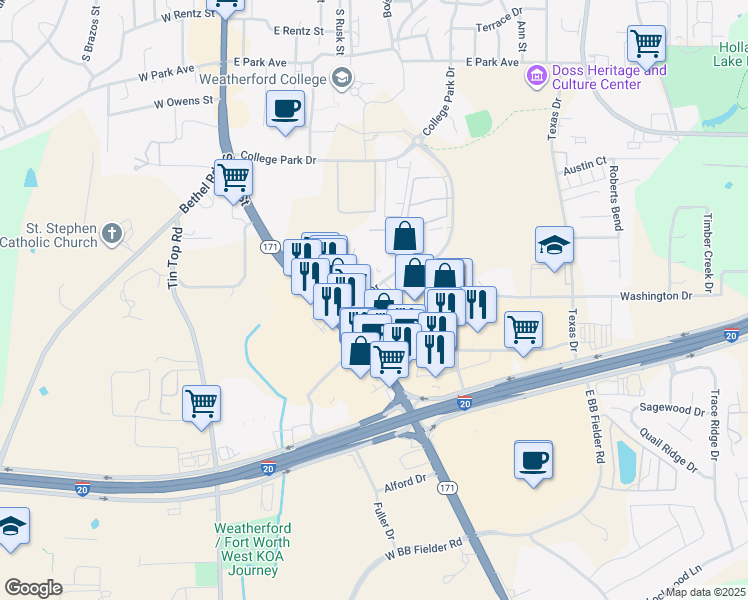 map of restaurants, bars, coffee shops, grocery stores, and more near 1916 Martin Drive in Weatherford