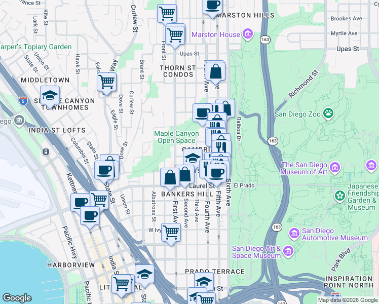 map of restaurants, bars, coffee shops, grocery stores, and more near in San Diego