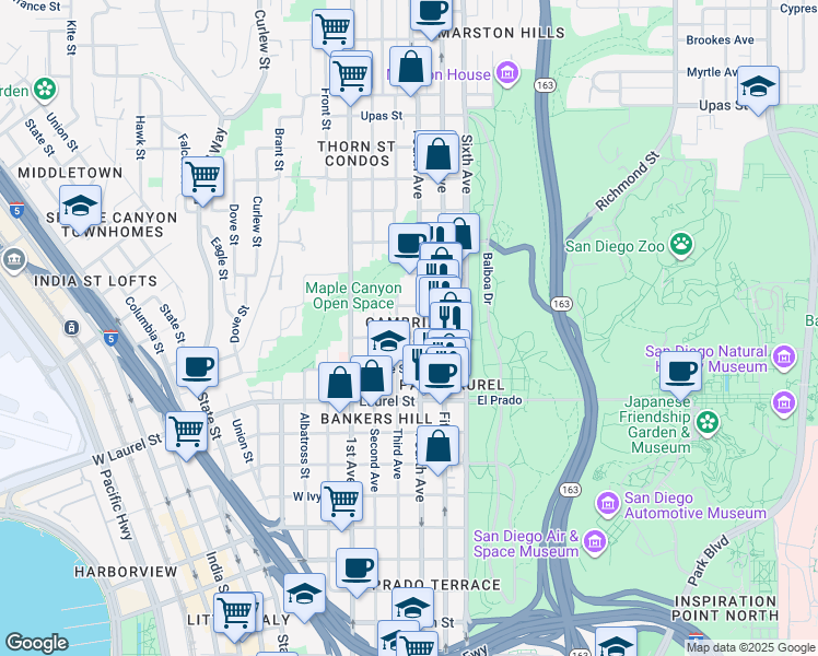 map of restaurants, bars, coffee shops, grocery stores, and more near 313 Olive Street in San Diego