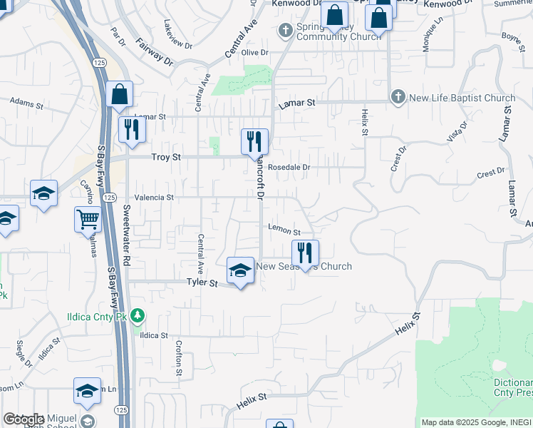 map of restaurants, bars, coffee shops, grocery stores, and more near 9011 Valencia Street in Spring Valley