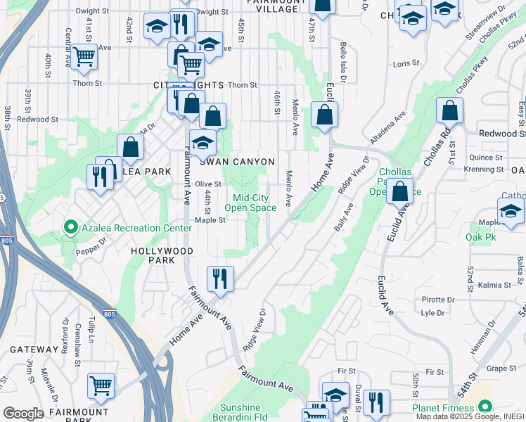 map of restaurants, bars, coffee shops, grocery stores, and more near 2719 46th Street in San Diego