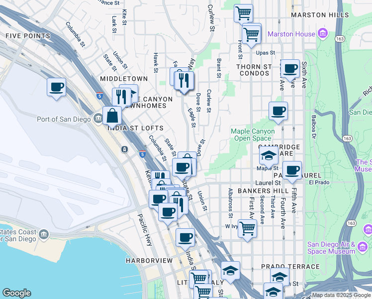 map of restaurants, bars, coffee shops, grocery stores, and more near 2812 Reynard Way in San Diego