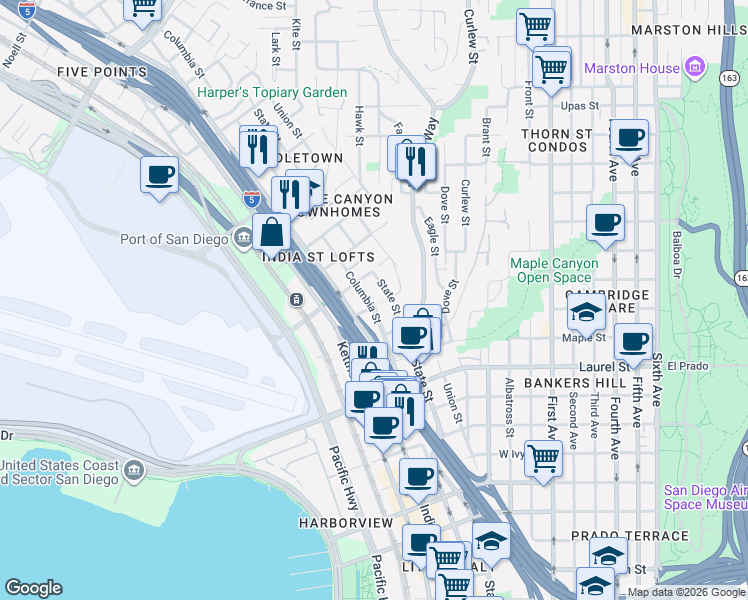map of restaurants, bars, coffee shops, grocery stores, and more near 2839 State Street in San Diego
