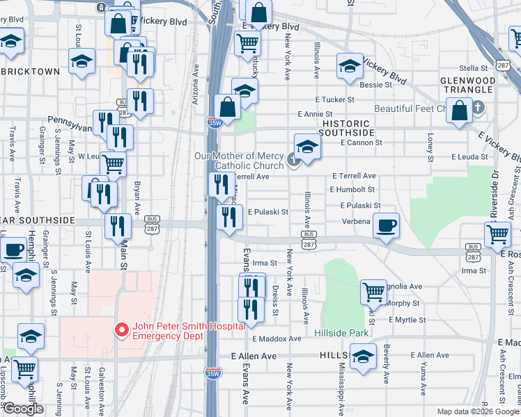 map of restaurants, bars, coffee shops, grocery stores, and more near 930 East Humbolt Street in Fort Worth