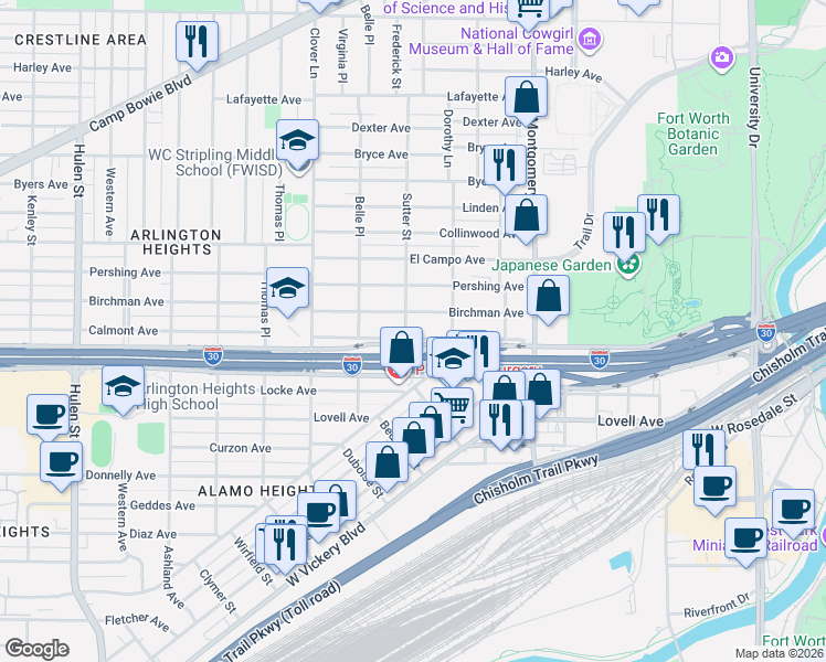 map of restaurants, bars, coffee shops, grocery stores, and more near 3816 Birchman Avenue in Fort Worth