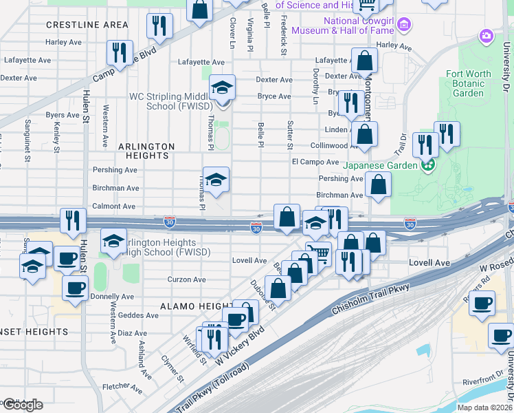 map of restaurants, bars, coffee shops, grocery stores, and more near 4000 Birchman Avenue in Fort Worth