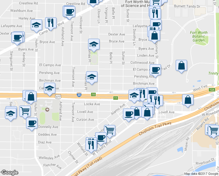 map of restaurants, bars, coffee shops, grocery stores, and more near 4000 Birchman Avenue in Fort Worth