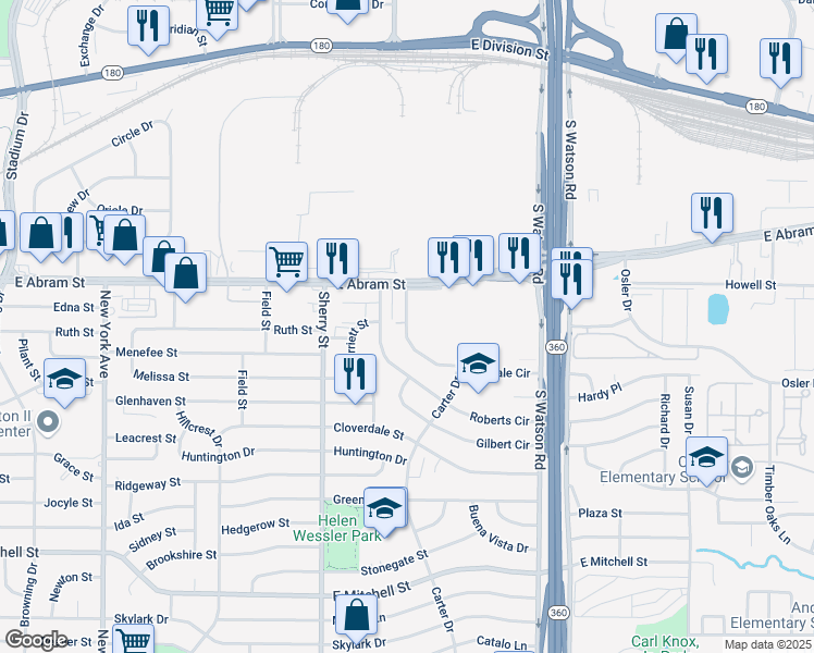 map of restaurants, bars, coffee shops, grocery stores, and more near 405 Hollandale Cir in Arlington
