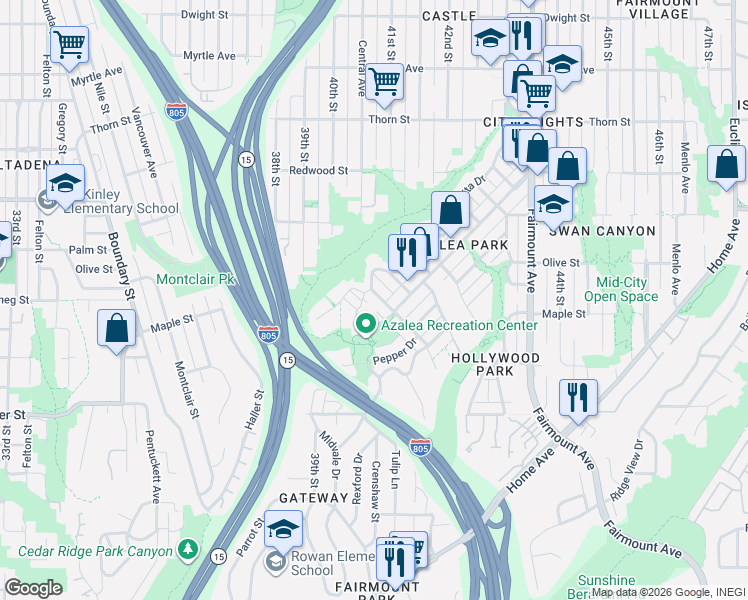 map of restaurants, bars, coffee shops, grocery stores, and more near 4036 Manzanita Drive in San Diego