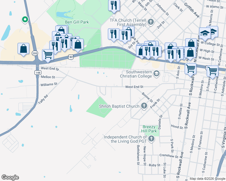 map of restaurants, bars, coffee shops, grocery stores, and more near 706 West End Street in Terrell