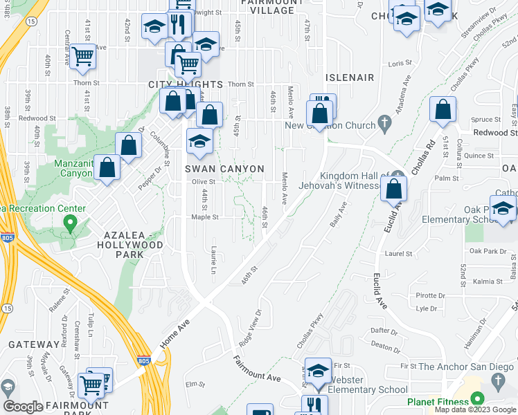 map of restaurants, bars, coffee shops, grocery stores, and more near 2624 46th Street in San Diego