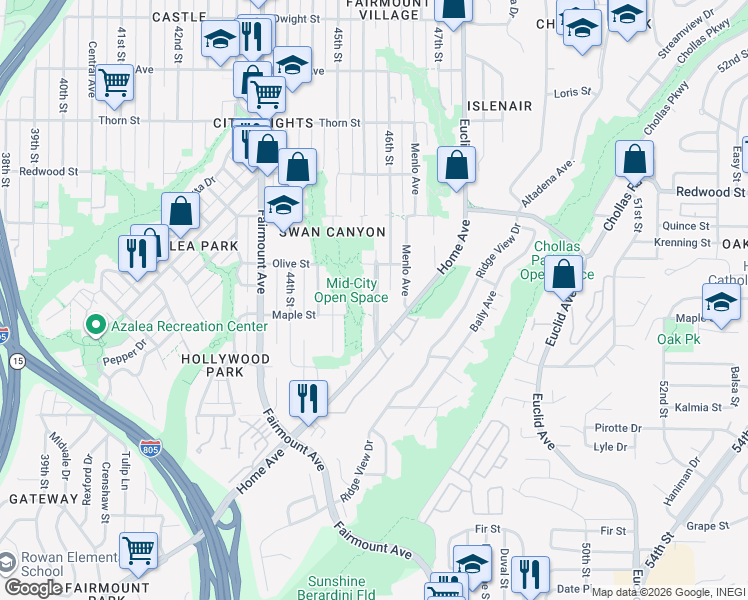 map of restaurants, bars, coffee shops, grocery stores, and more near 46th Street in San Diego