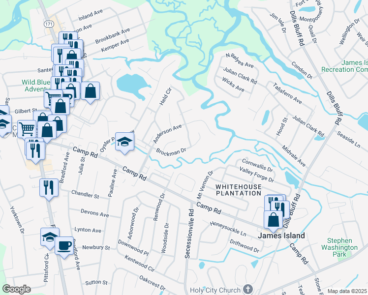 map of restaurants, bars, coffee shops, grocery stores, and more near 16 Brockman Drive in Charleston