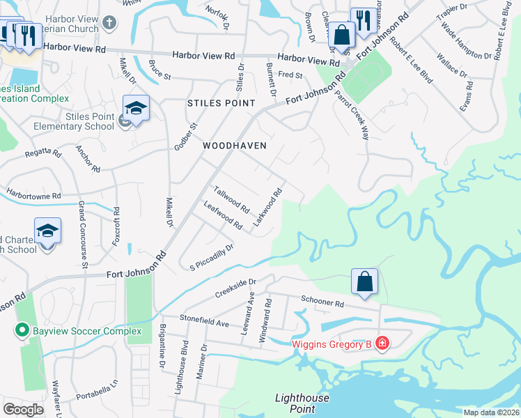 map of restaurants, bars, coffee shops, grocery stores, and more near 717 Canopy Cove in Charleston