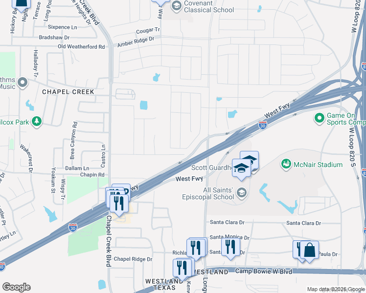 map of restaurants, bars, coffee shops, grocery stores, and more near 9904-9978 West Freeway in Fort Worth