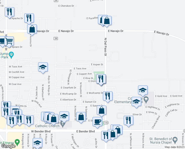 map of restaurants, bars, coffee shops, grocery stores, and more near 609 East Copper Avenue in Hobbs