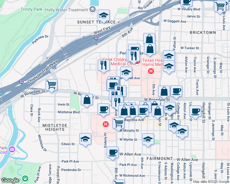 map of restaurants, bars, coffee shops, grocery stores, and more near 909 8th Avenue in Fort Worth