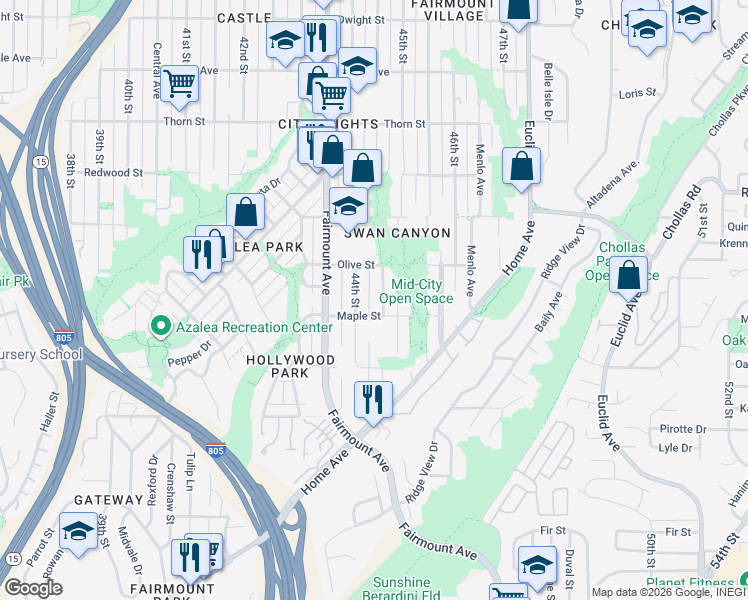 map of restaurants, bars, coffee shops, grocery stores, and more near 2714 Highland Avenue in San Diego