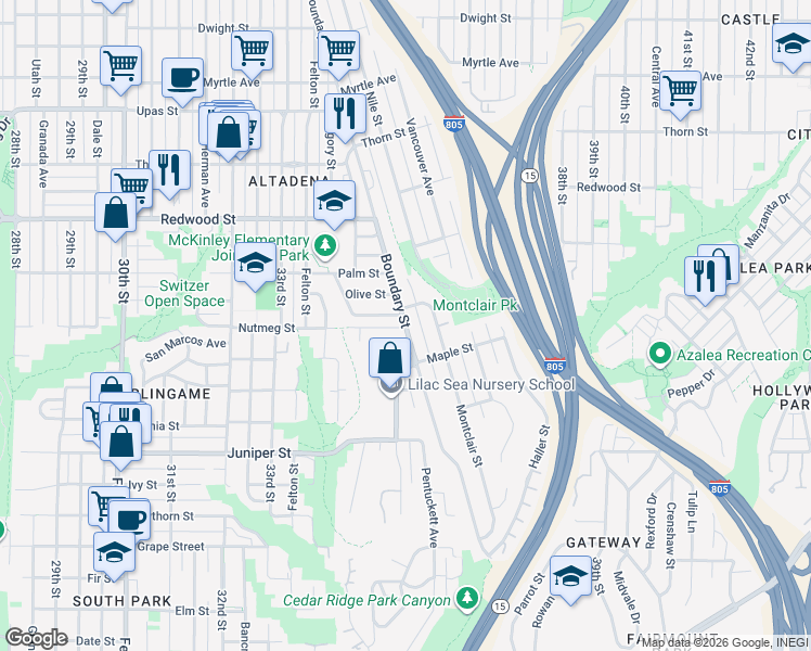 map of restaurants, bars, coffee shops, grocery stores, and more near 3482 Cooper Street in San Diego