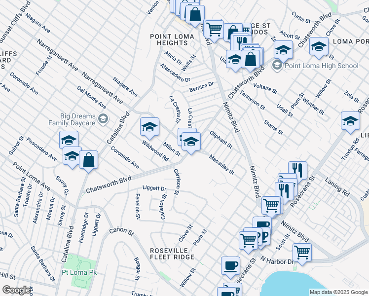 map of restaurants, bars, coffee shops, grocery stores, and more near 3734 Narragansett Avenue in San Diego