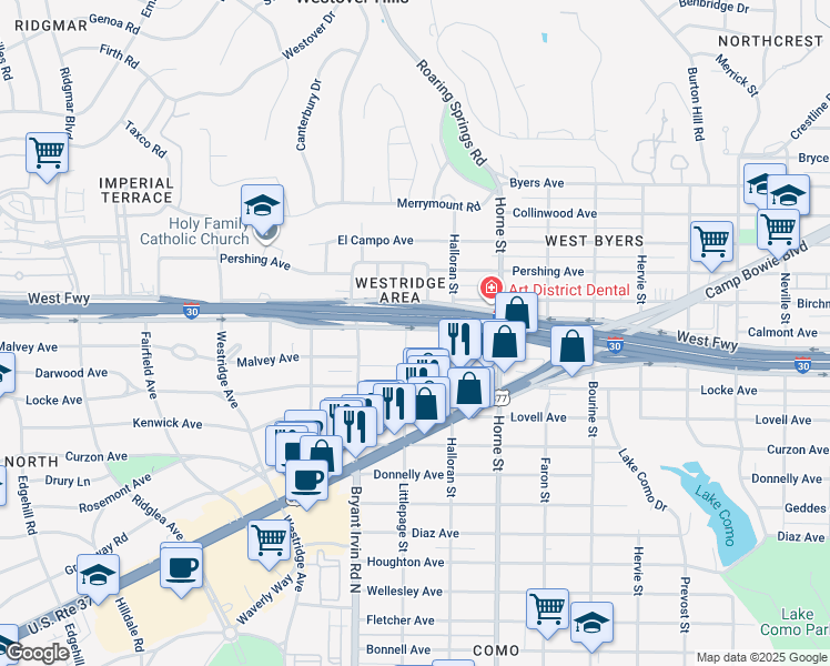map of restaurants, bars, coffee shops, grocery stores, and more near 2521 Littlepage Street in Fort Worth