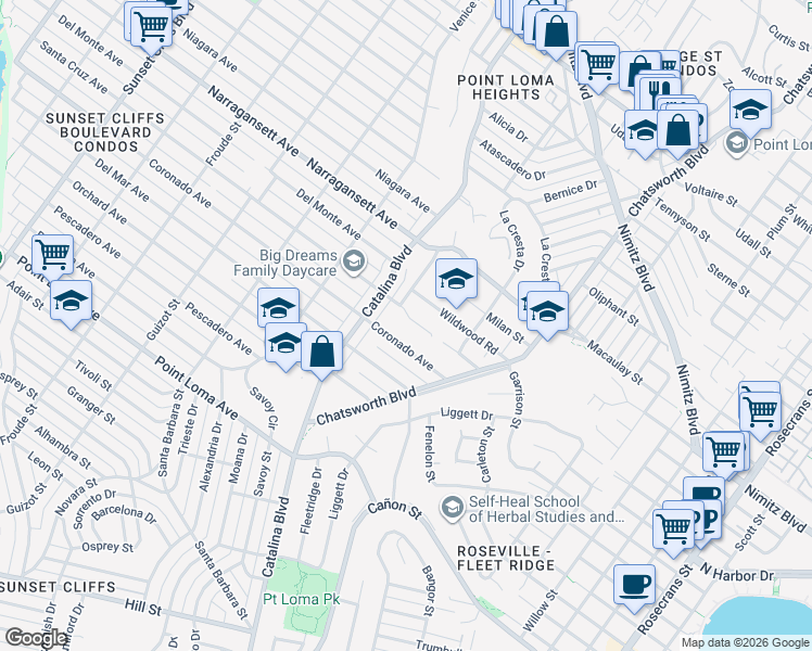 map of restaurants, bars, coffee shops, grocery stores, and more near 3935 Wildwood Road in San Diego
