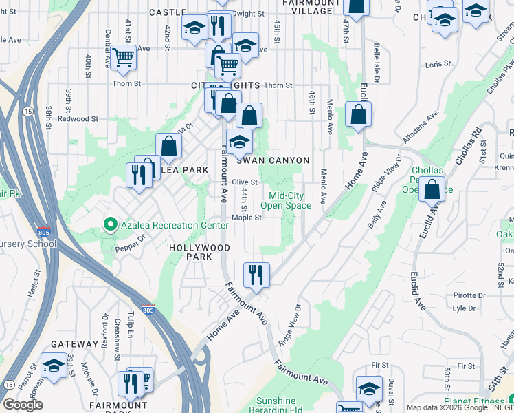 map of restaurants, bars, coffee shops, grocery stores, and more near 2714 Highland Avenue in San Diego