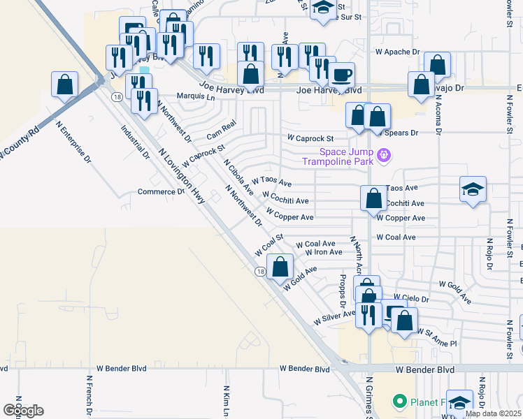 map of restaurants, bars, coffee shops, grocery stores, and more near 3113 North Cibola Avenue in Hobbs