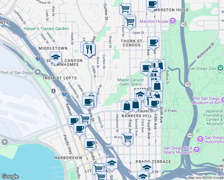 map of restaurants, bars, coffee shops, grocery stores, and more near 2790 Brant Street in San Diego