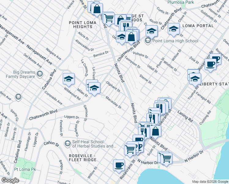 map of restaurants, bars, coffee shops, grocery stores, and more near 1855 Capistrano Street in San Diego