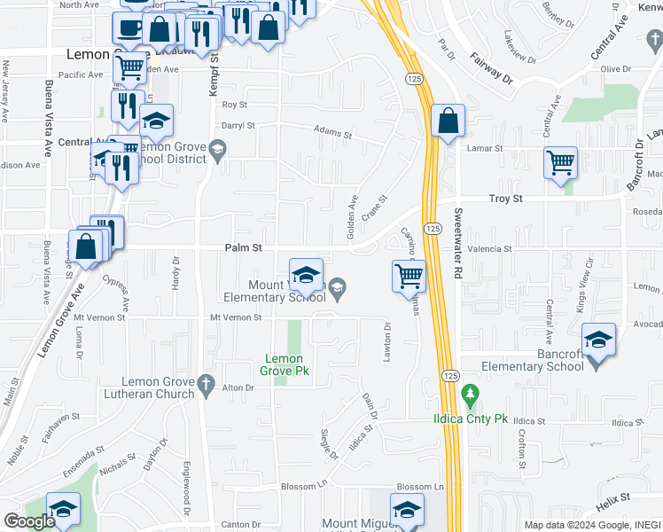 map of restaurants, bars, coffee shops, grocery stores, and more near 8357 Palm Street in Lemon Grove