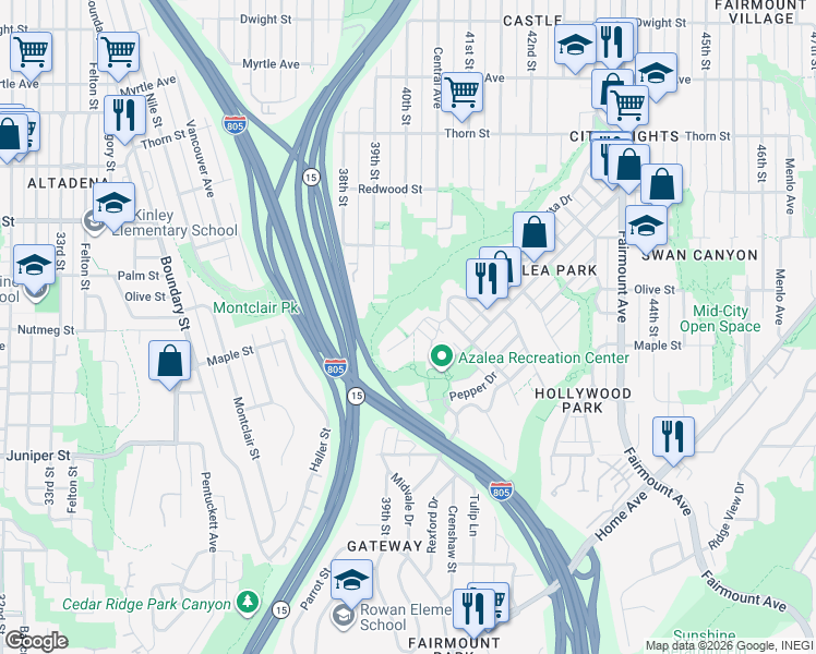 map of restaurants, bars, coffee shops, grocery stores, and more near 3964 Manzanita Drive in San Diego