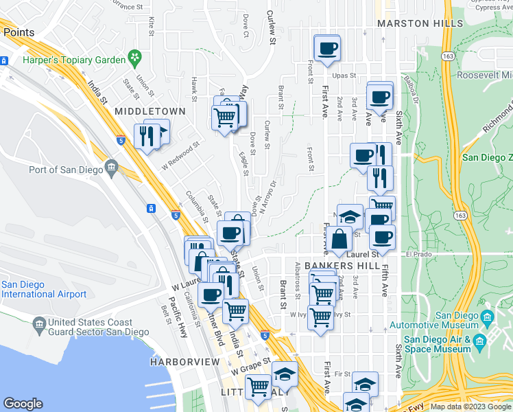 map of restaurants, bars, coffee shops, grocery stores, and more near 2727 Dove Street in San Diego