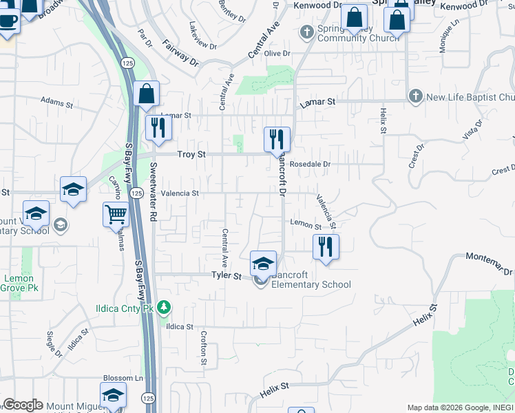 map of restaurants, bars, coffee shops, grocery stores, and more near 8937 Valencia Street in Spring Valley