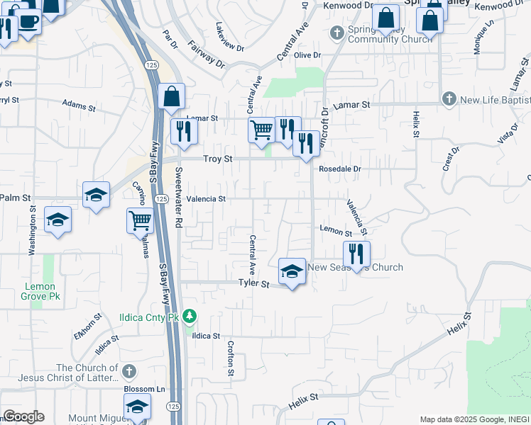 map of restaurants, bars, coffee shops, grocery stores, and more near 2650 Valencia Canyon in Spring Valley