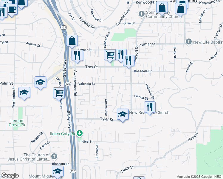 map of restaurants, bars, coffee shops, grocery stores, and more near 2610 Valencia Canyon in Spring Valley