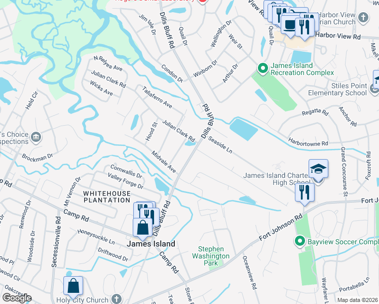 map of restaurants, bars, coffee shops, grocery stores, and more near 940 Mcelveen Street in Charleston