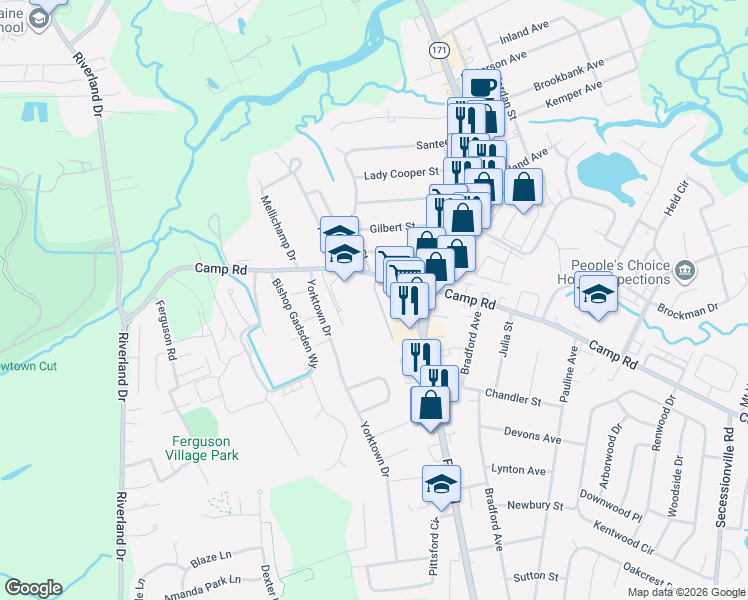 map of restaurants, bars, coffee shops, grocery stores, and more near 1805 Camp Road in Charleston