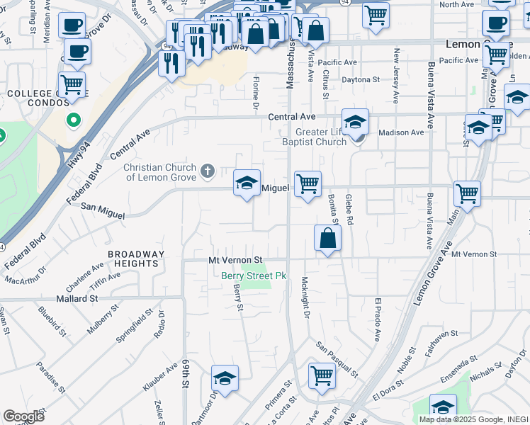 map of restaurants, bars, coffee shops, grocery stores, and more near 2614 Nina Road in Lemon Grove