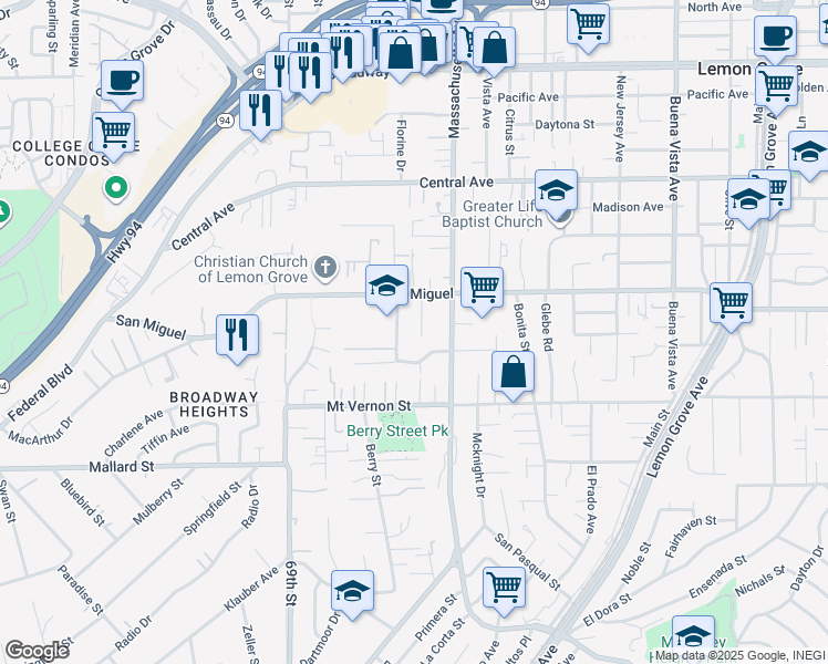 map of restaurants, bars, coffee shops, grocery stores, and more near 2614 Nina Road in Lemon Grove