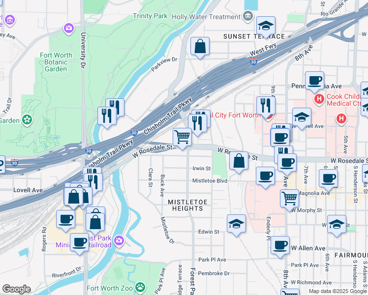map of restaurants, bars, coffee shops, grocery stores, and more near 2315 West Rosedale Street in Fort Worth