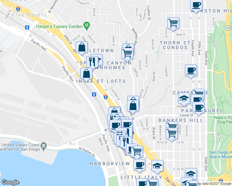 map of restaurants, bars, coffee shops, grocery stores, and more near 2833 Columbia Street in San Diego