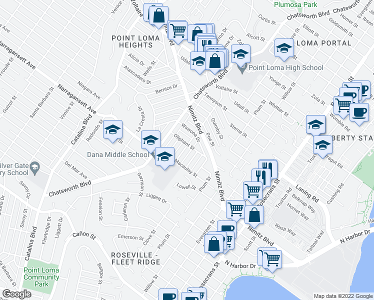 map of restaurants, bars, coffee shops, grocery stores, and more near 1855 Capistrano Street in San Diego