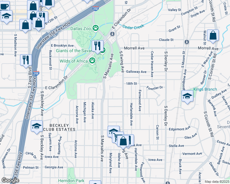 map of restaurants, bars, coffee shops, grocery stores, and more near 1226 Idaho Avenue in Dallas