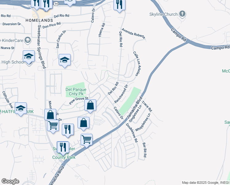 map of restaurants, bars, coffee shops, grocery stores, and more near 3040 Charwood Court in Spring Valley