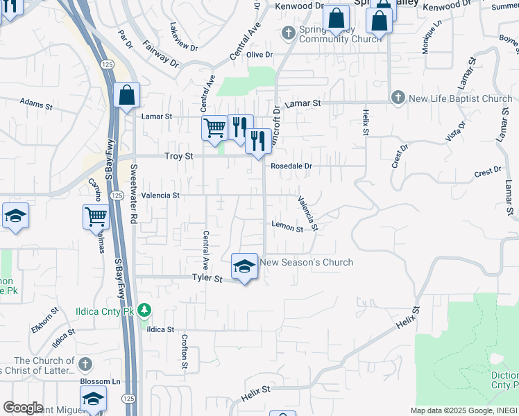 map of restaurants, bars, coffee shops, grocery stores, and more near 9011 Valencia Street in Spring Valley