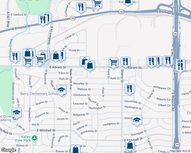 map of restaurants, bars, coffee shops, grocery stores, and more near 2018 East Abram Street in Arlington